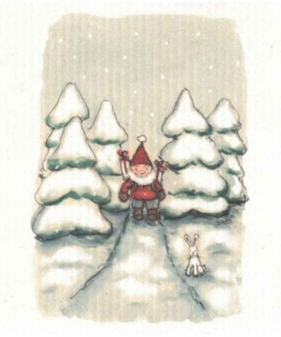 Compostable eco sponge cloth made of cellulose and features an elf (not on the shelf) complete with little friend in an enchanting winter scene, replaces paper towel by absorbing 20x its weight in liquid. Size 20 x 17 cm