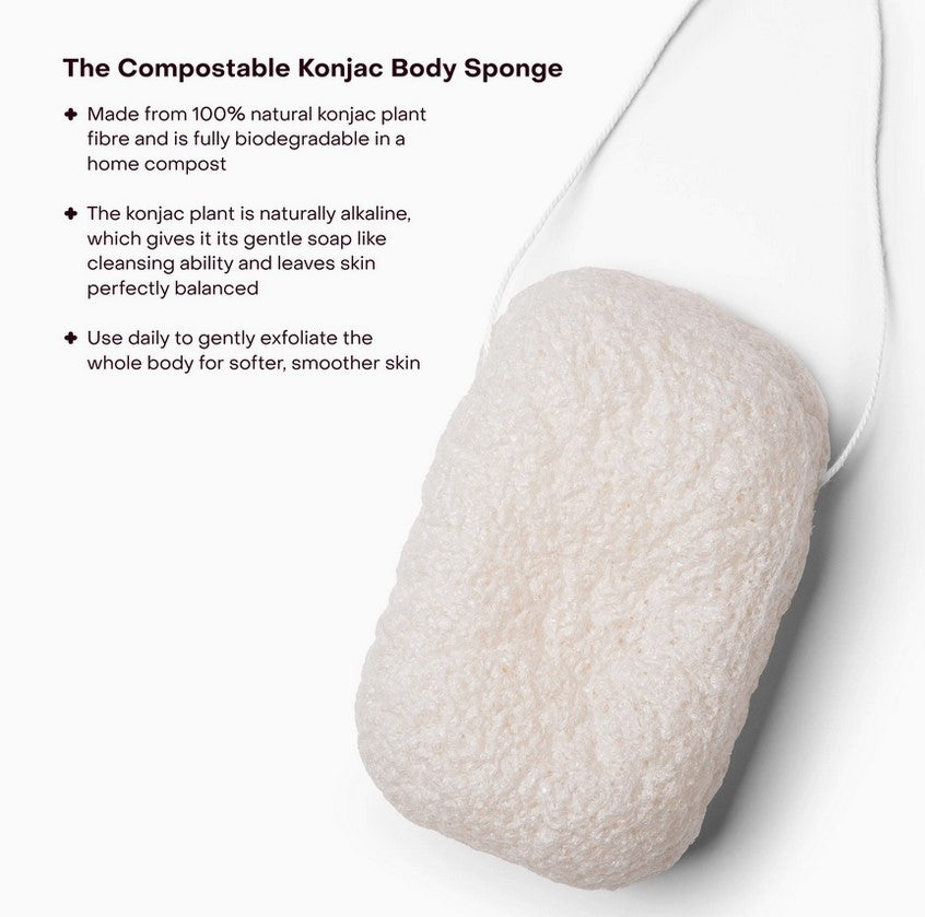 Everist Compostable Konjac Body Sponge with product features listed: 100% natural konjac fibre, biodegradable, gently exfoliating, and skin-balancing.