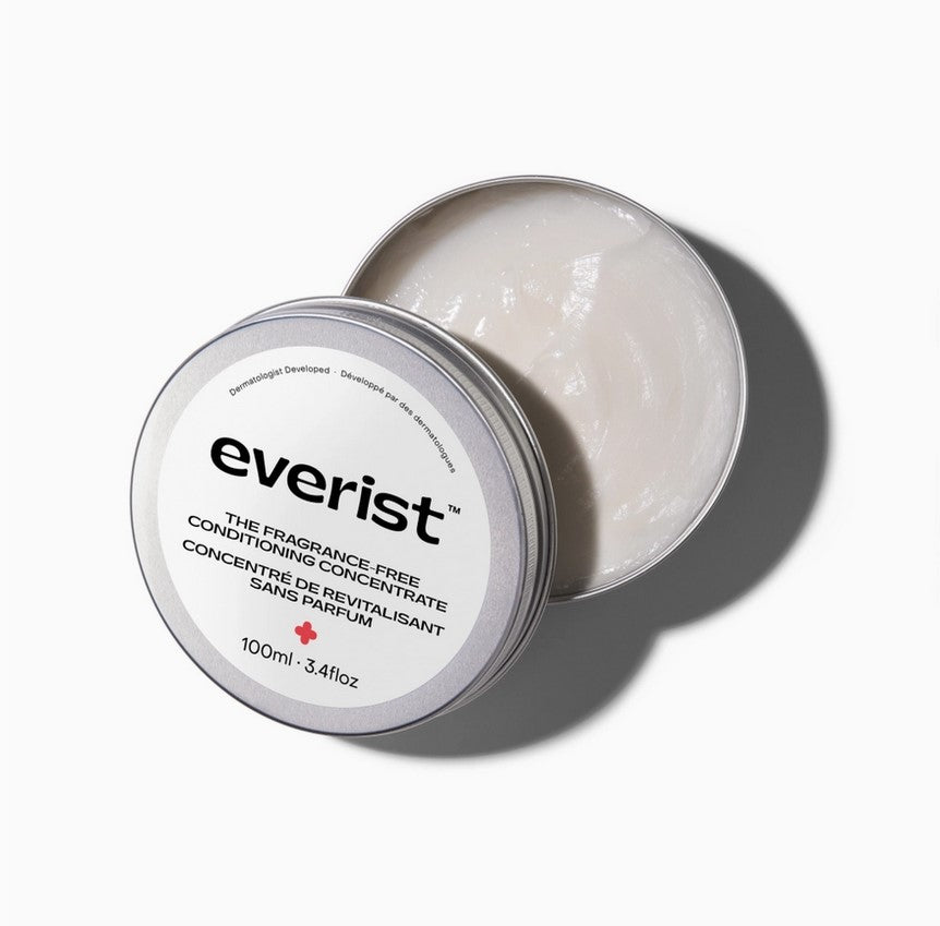 Everist Fragrance Free Conditioning Concentrate Tin 100ml – eco-friendly, dermatologist-tested, hypoallergenic haircare for sensitive scalps on a white background
