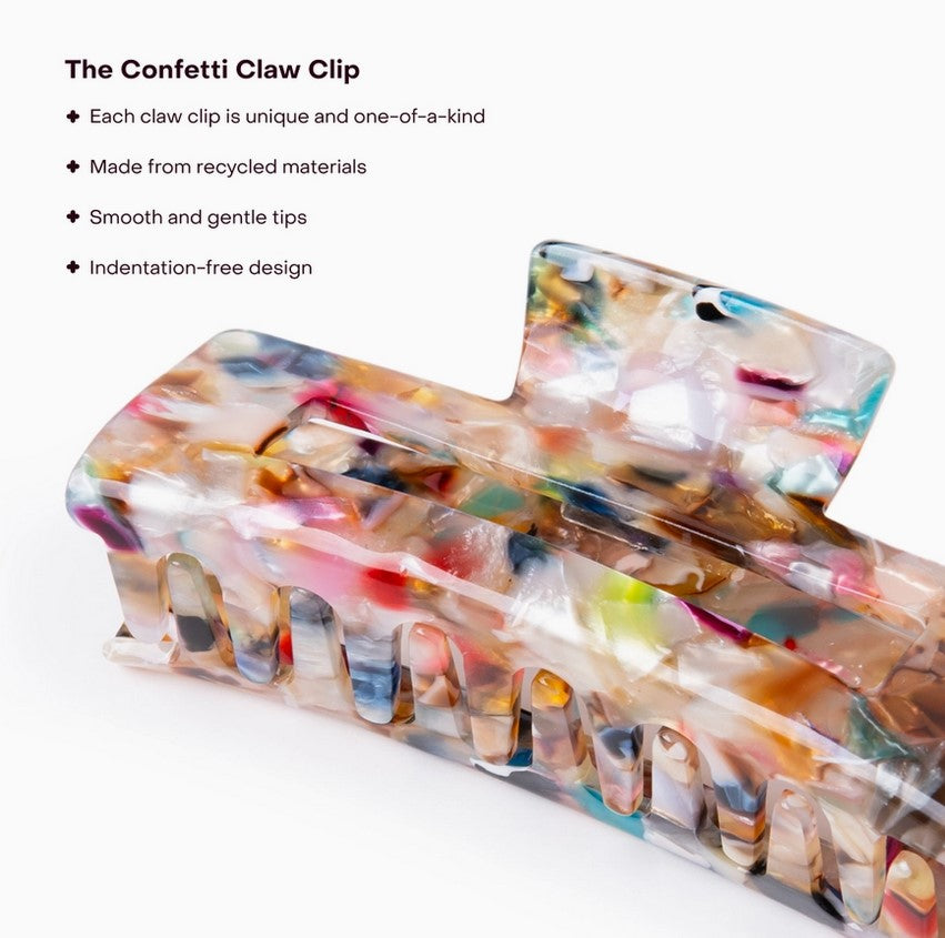 Everist Large Confetti Claw Clip with smooth gentle tips, indentation-free design, and recycled material confetti pattern – sustainable vegan hair accessory.