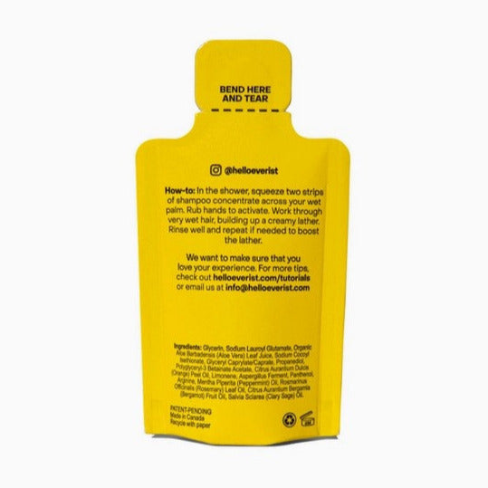 Back view of Everist Shampoo Concentrate 10 ml sample pouch showing usage instructions, ingredients, recyclable packaging, and Made in Canada label
