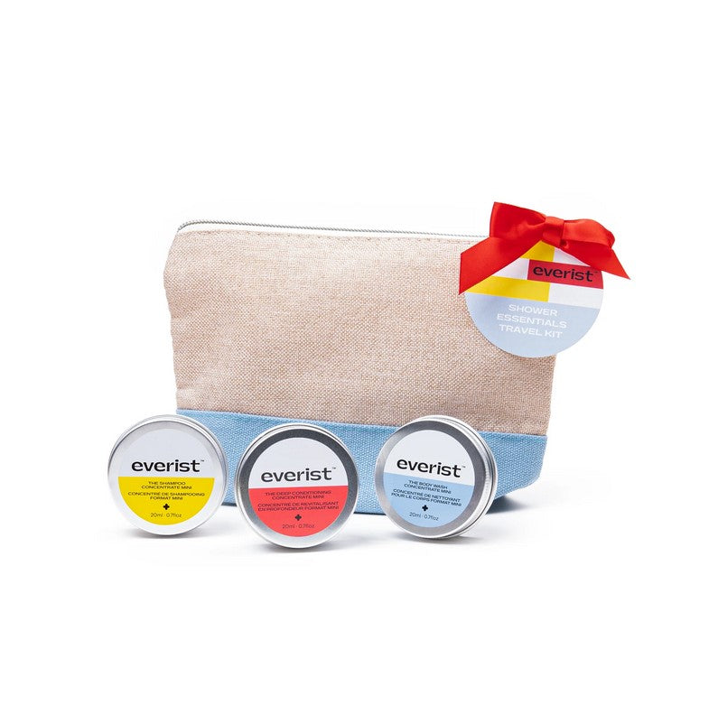 This bundle Includes the Shampoo Concentrate Travel Mini (20ml / 0.7oz) , the Deep Conditioning Concentrate Travel Mini (20ml / 0.7oz), the Body Wash Concentrate Travel Mini (20ml / 0.7oz) and Jute Travel Pouch pictured on a white background with the tins in the forefront.