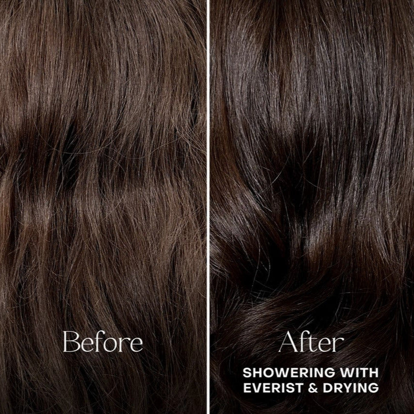 Before and after comparison of hair using Everist Conditioner Concentrate, showing smoother, shinier, healthier results after washing