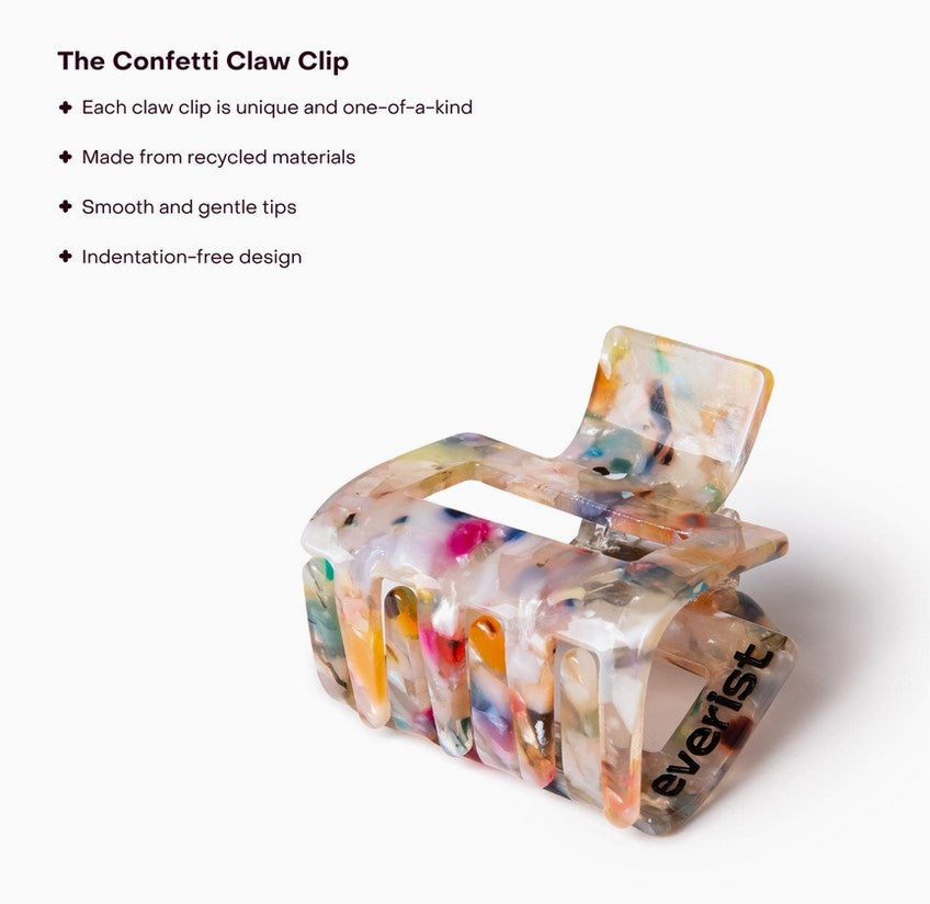 Eco-friendly Everist Small Confetti Claw Clip with recycled confetti design, highlighting sustainable features like gentle tips and indentation-free hold