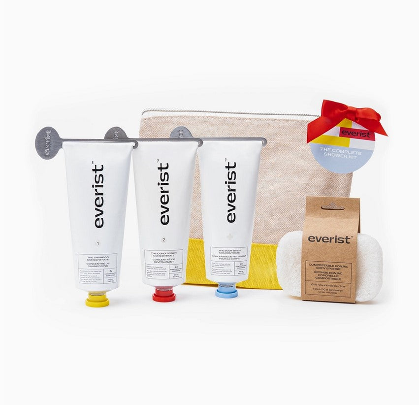 This gift set includes a full-size Shampoo Concentrate tube, full-size Deep Conditioning Concentrate tube, full-size Body Wash Concentrate tube, the Compostable Konjac Sponge which sits in front of the  Everist Travel Bag on a white background. Also included are 3 zero-waste tube keys that are attached to the tops of the tubes. You get 50+ washes per tube/tin (equivalent to a traditional 300ml/ 10.2fl oz water-filled shampoo, conditioner or body wash bottle