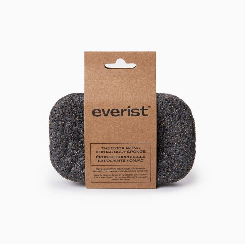 Everist Compostable Konjac Body Sponge Black in eco-friendly recyclable packaging