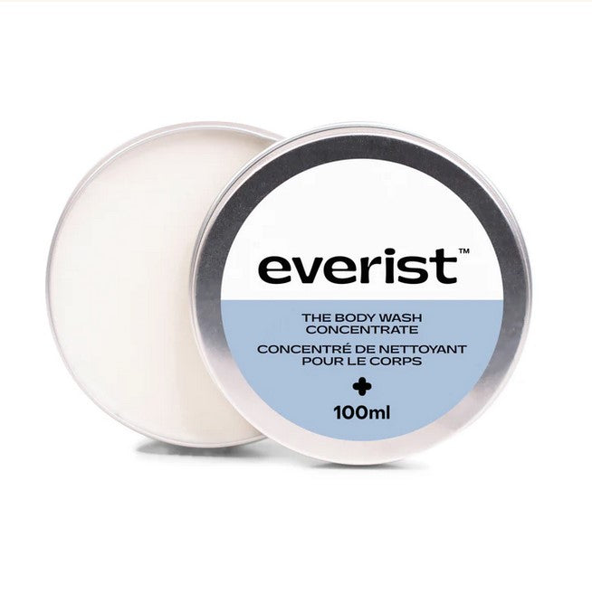 Introducing Everist Body Wash Concentrate Tin 100 ml. What makes this body wash by this Canadian brand different than traditional shower products? Everything.  Most body washes are more than 70% water, made from petrochemicals and packed in single-use plastic. Everist is body care meets skincare. The Toronto-based company took out the water, packed in the skincare ingredients and concentrated it down into a rich cream to make a product that is better for the planet and amazing for your skin.