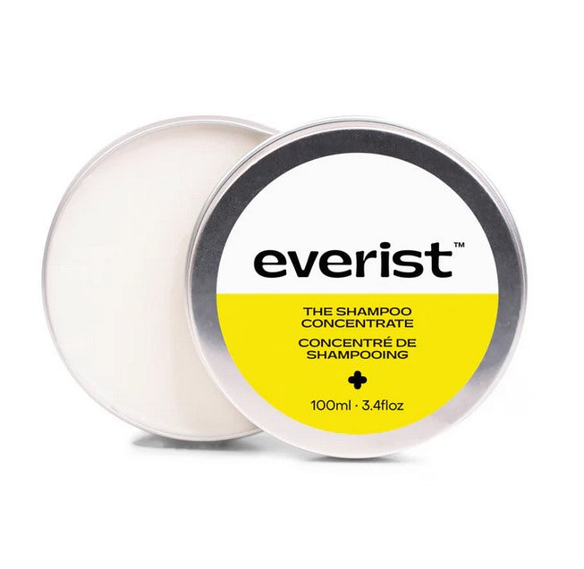 Introducing Everist Shampoo Concentrate Tin 100 ml. What makes this shampoo product from this Canadian brand different than traditional shampoo? Everything. Most shampoos are more than 70% water, made from petrochemicals and packed in single-use plastic. Everist is haircare meets skincare. The Toronto-based company took out the water, packed in the skincare ingredients and concentrated it down into a luxe cream to make haircare that is better for the planet and amazing for your hair and scalp.
