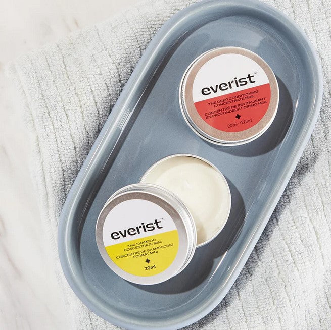 The shampoo and conditioner travel tin concentrates feature an energizing and uplifting herbal-citrus scent (Everist's signature essential oil blend). The hair concentrates are hydrating for all hair types and excellent for sensitive scalps. Packaged in recyclable aluminum tins, TSA-approved, carbon-neutral and certified Ocean Positive.