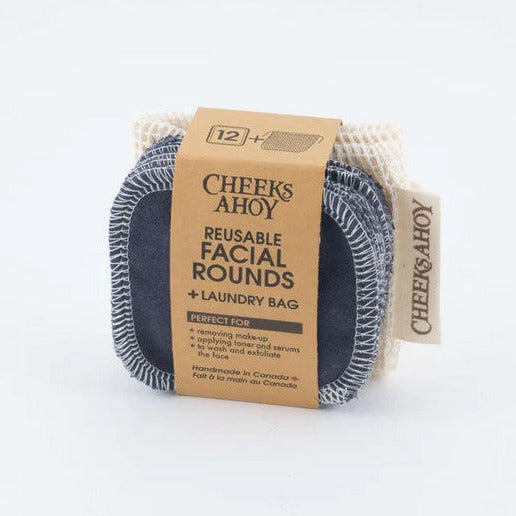 Set of 12 charcoal reusable facial rounds, 2 ply, approximately 3" diameter, 100% cotton flannel and come with a 100% organic cotton laundry bag, 10"x9" made in Canada by Cheeks Ahoy.