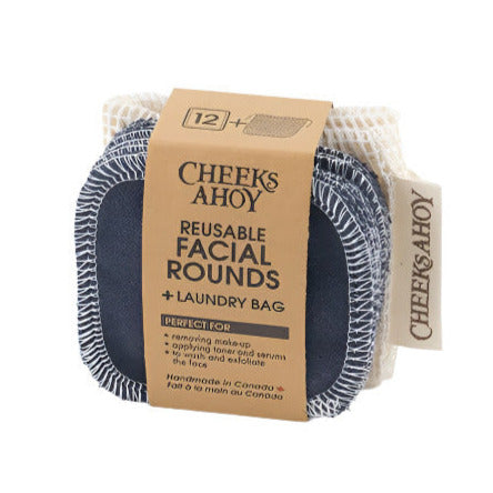 Set of 12 charcoal reusable facial rounds, 2 ply, approximately 3" diameter, 100% cotton flannel and come with a 100% organic cotton laundry bag, 10"x9" made in Canada by Cheeks Ahoy.