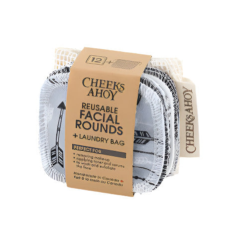 Set of 12 monochrome reusable facial rounds, 2 ply, approximately 3" diameter, 100% cotton flannel and come with a 100% organic cotton laundry bag, 10"x9" made in Canada by Cheeks Ahoy.