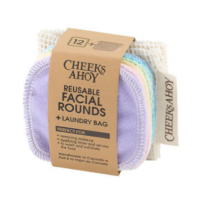 Set of 12 pastel reusable facial rounds, 2 ply, approximately 3" diameter, 100% cotton flannel and come with a 100% organic cotton laundry bag, 10"x9" made in Canada by Cheeks Ahoy.