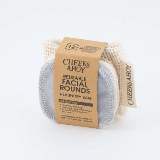 Set of 12 suave reusable facial rounds, 2 ply, approximately 3" diameter, 100% cotton flannel and come with a 100% organic cotton laundry bag, 10"x9" made in Canada by Cheeks Ahoy.