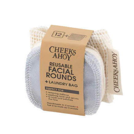 Set of 12 suave reusable facial rounds, 2 ply, approximately 3" diameter, 100% cotton flannel and come with a 100% organic cotton laundry bag, 10"x9" made in Canada by Cheeks Ahoy.