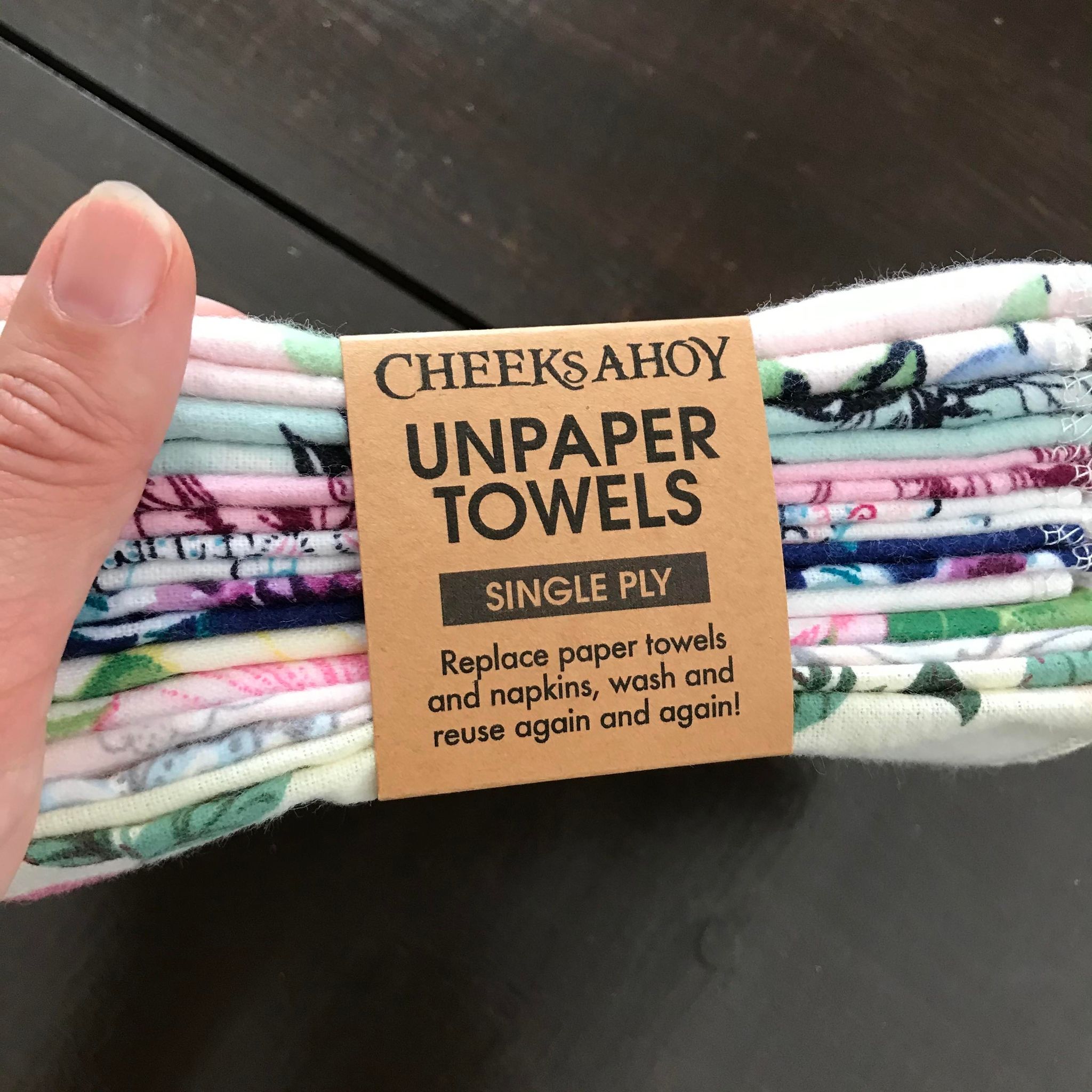 Set of 8 single ply cotton Unpaper Towels in floral patterns handmade in Canada by Cheeks Ahoy replace paper towels and napkins, wash and reuse again and again
