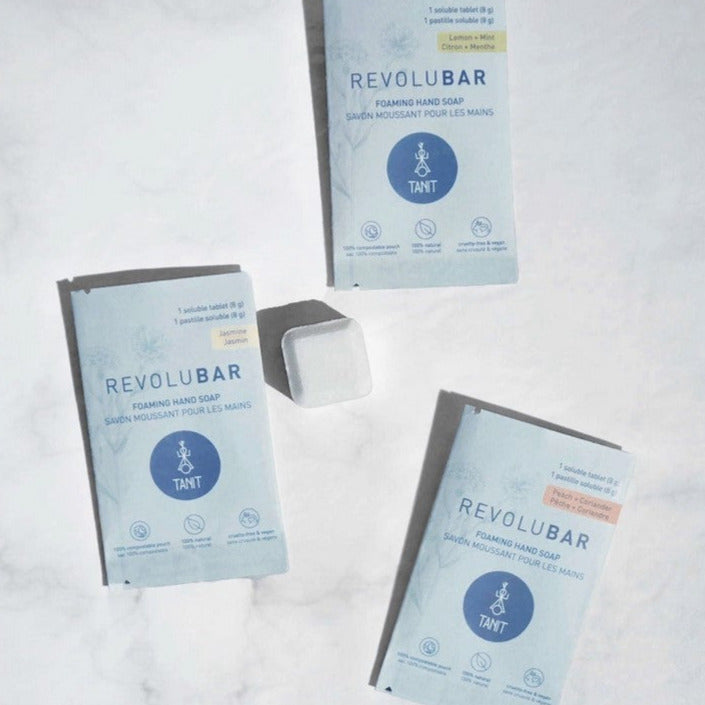 Revolubar hand soap tablets come in jasmine, lemon mint and peach coriander scents free from sulfates, phthalates, VOCs, parabens, or ammonia.  