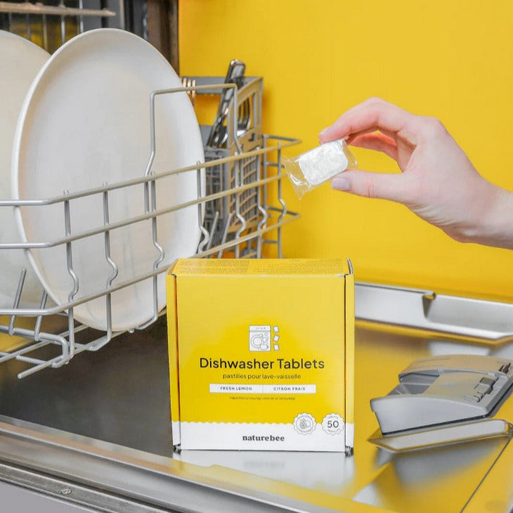 Introducing plastic-free dishwasher tablets in fresh lemon by Nature Bee. These dissoluble tablets cut through tough grime and leave your dishes sparkling and smelling fresh. The fresh lemon scent is so subtle it is barely recognizable but it leaves your dishes sparkling clean.