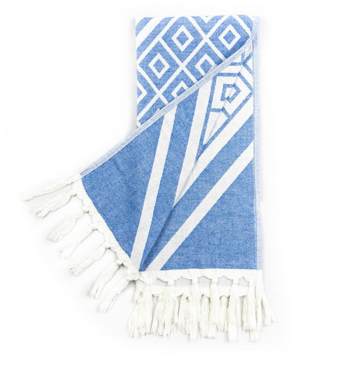 Turkish Cotton Hand Towel - Geo Diamond Blue and White