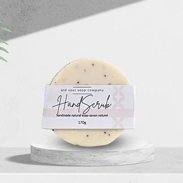 Hand scrub bar soap scented with essential oils from the Old Soul Soap Company is ideal for scrubbing your hands  after a day in the garden. Loaded with pumice and seeds as well as moisturizing skin oils this round 170 g vegan scrub bar it will leave your hands soft and clean.