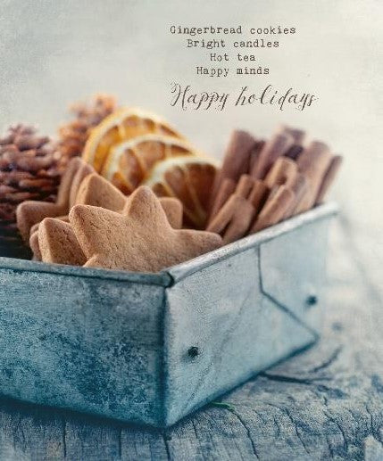 Add a festive touch to your cleaning routine this holiday season with the "Gingerbread cookies Bright candles Hot tea Happy minds Happy holidays" Swedish Dishcloth by More Joy. Featuring a star shaped gingerbread cookies, dried oranges, pinecones and cinnamon stick in a tin with the wording in brown lettering on a greyish blue background.