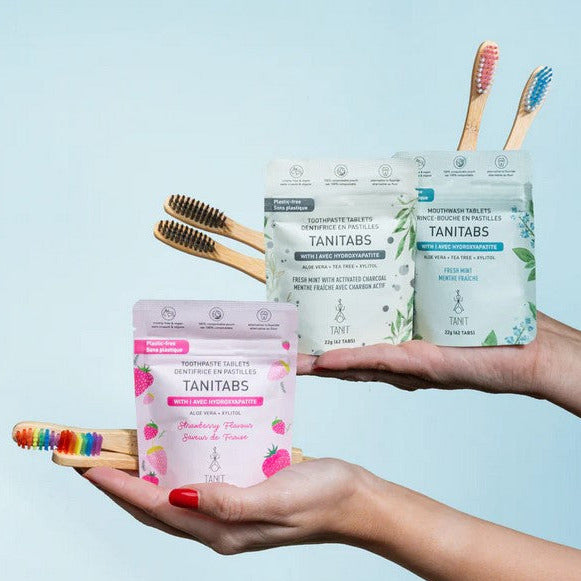 This oral care kit is a great way to make brushing fun for both kids and adults alike. It includes 4 adult and 2 child soft bamboo toothbrushes along with a 1 month supply each of strawberry and fresh mint with activated charcoal toothpaste tablets and a 62 tablet compostable pouch of Tanitabs mouthwash made in Canada.