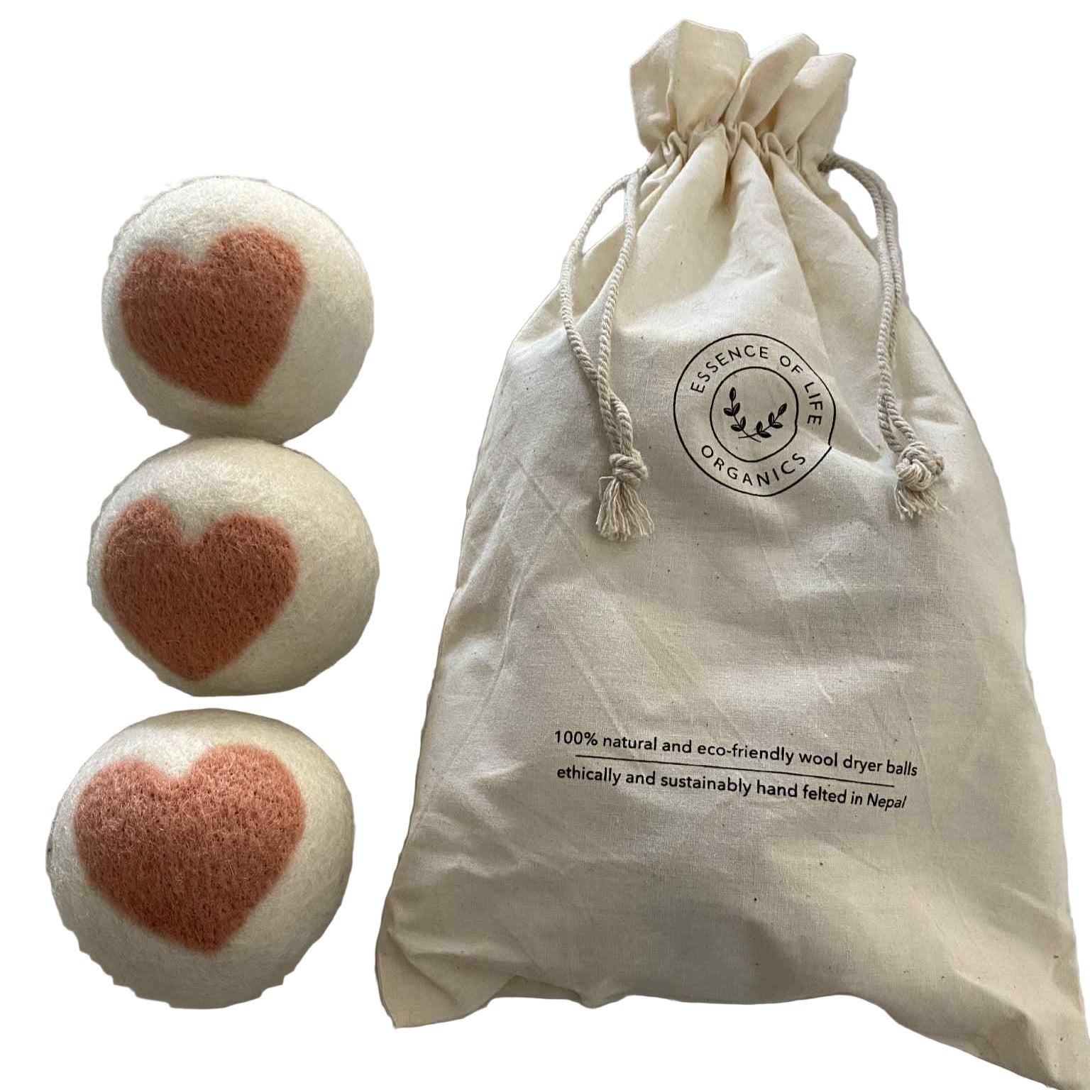 Heart wool dryer balls with reusable cotton storage bag | handmade eco laundry essentials from Nepal