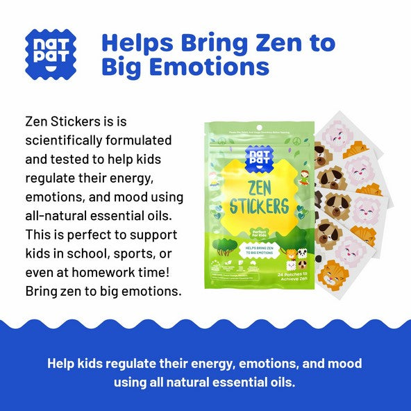 NatPat Zen Stickers with product packaging and text on a white background NATPAT Zen calming stickers – helps kids regulate emotions, mood, and energy with natural essential oils