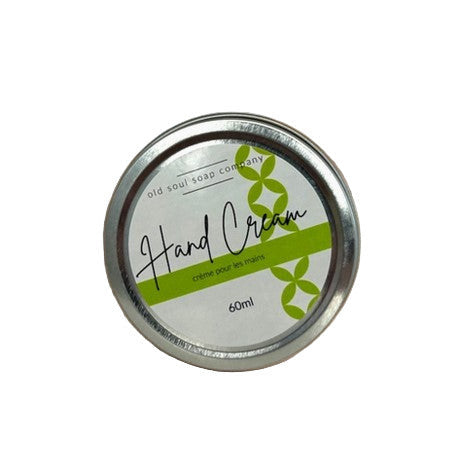Old Soul Soap Company Hemp Hand Cream tin resting on a white background, natural Canadian-made moisturizer for dry hands and heels.
