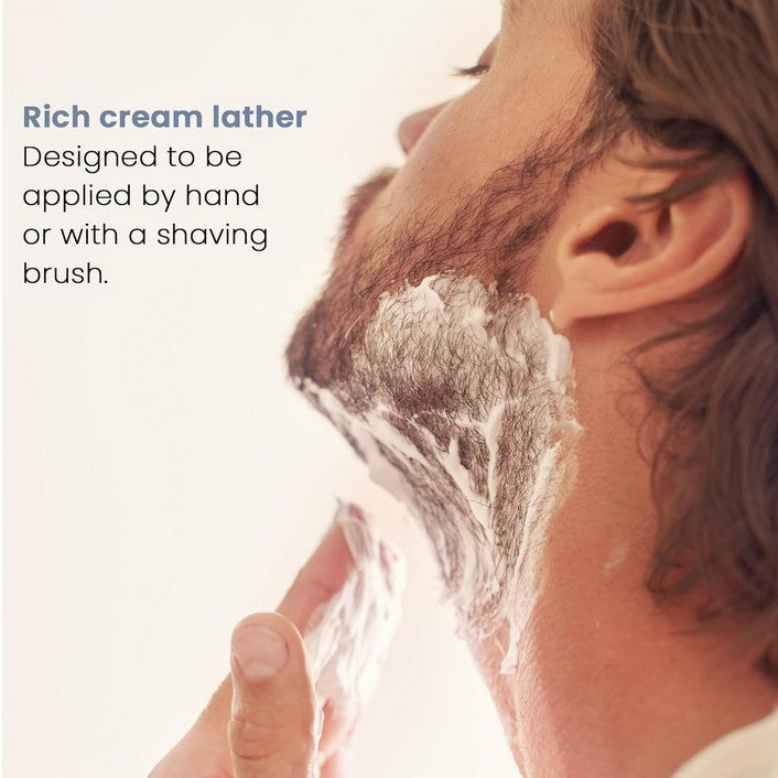 Man applying Henson Shave Cream lather by hand for a smooth shave