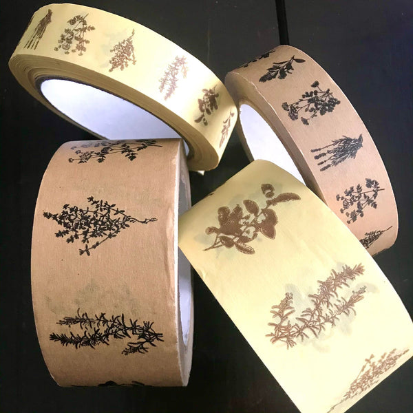 recycable decorative paper tape in a pretty wild herb pattern in brown or cream made by Goldrick Natural Living