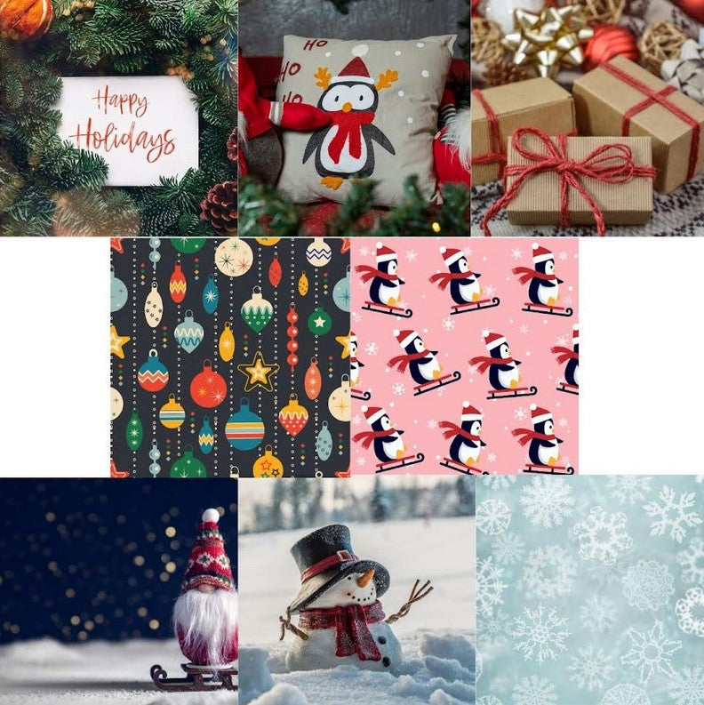 Holiday Swedish dish cloth cards set featuring festive designs with penguins, ornaments, snowflakes, snowmen, gifts, and Happy Holidays greeting – eco-friendly and reusable