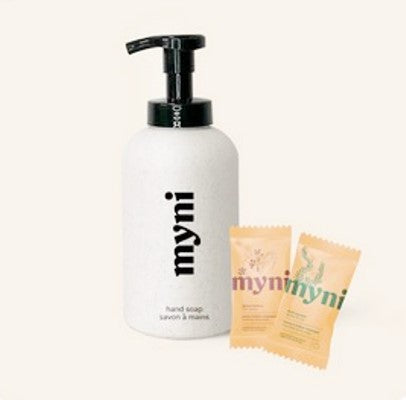 myni black and white clean hands holiday kit features two natural foaming hand soap scents 'boreal forest' and 'holy spices' and a bottle made in Canada from wheat straw