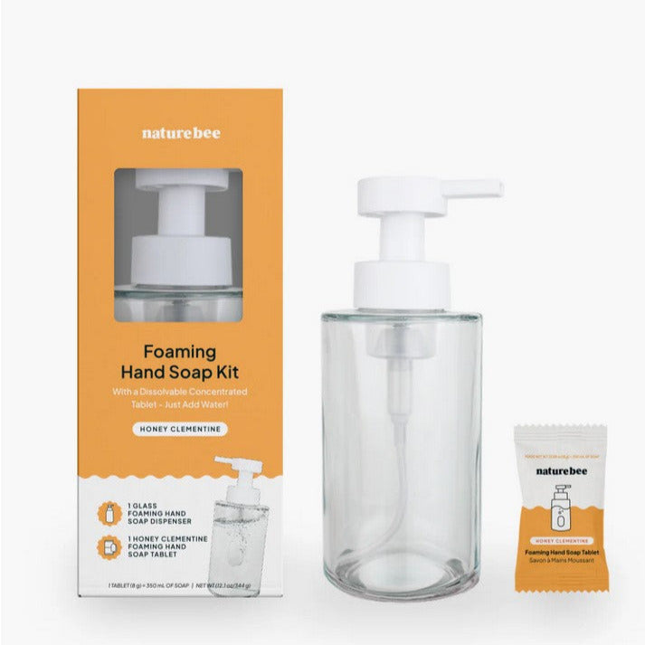 Nature Bee Honey Clementine Foaming Hand Soap Kit with glass foaming dispenser, eco-friendly dissolvable tablet, and recyclable packaging.