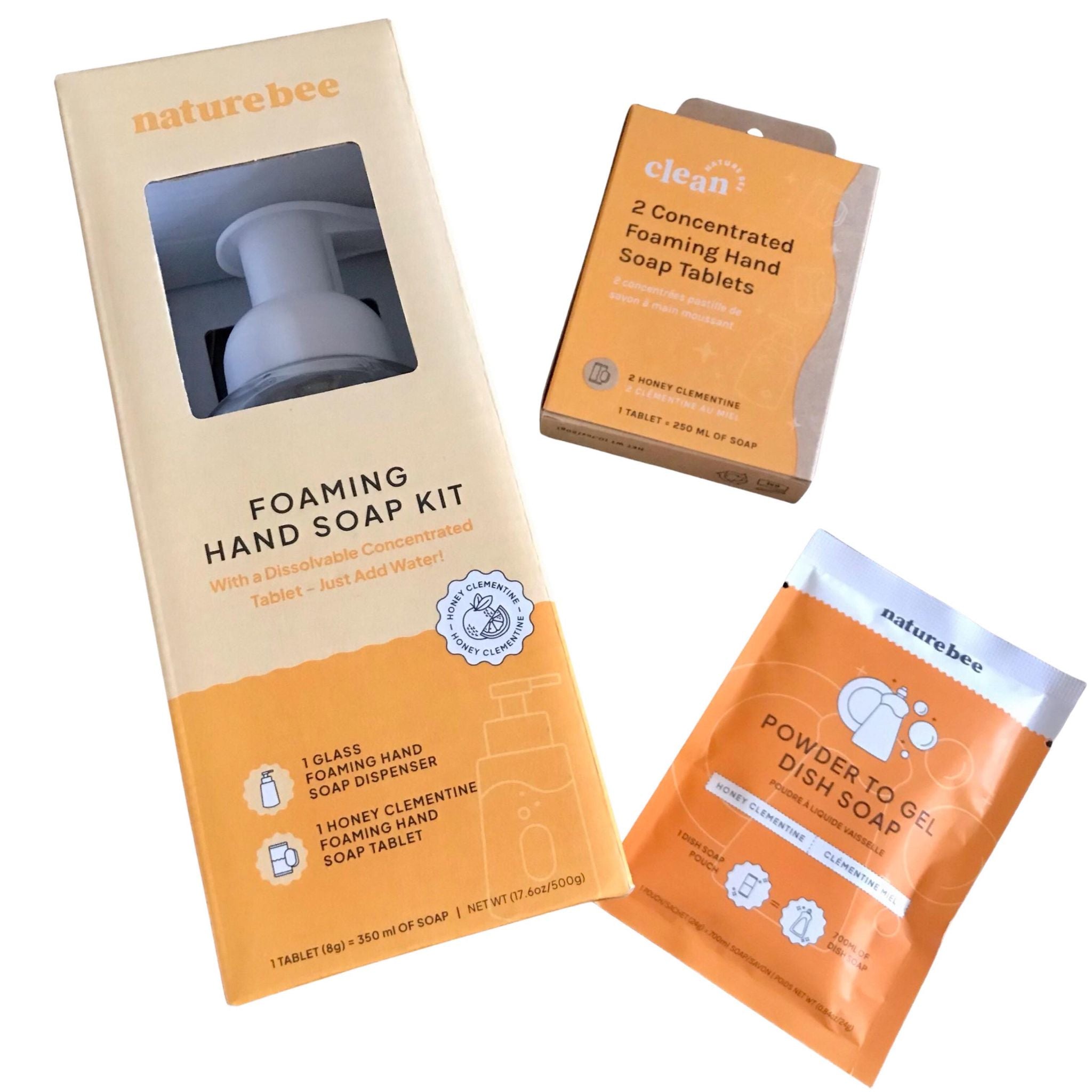 Included in this honey clementine hand and dish soap set is a foaming hand soap kit (with 1 tablet) as well as a 2 pack of tablets, and a powder to gel dish soap, all in the same sweet honey clementine scent.