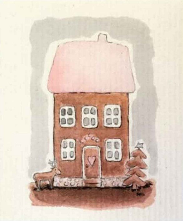 Compostable eco sponge cloth made of cellulose and featuring a charming artist's rendering of a gingerbread house that oozes tradition, replaces paper towel by absorbing 20x its weight in liquid. Size 20 x 17 cm