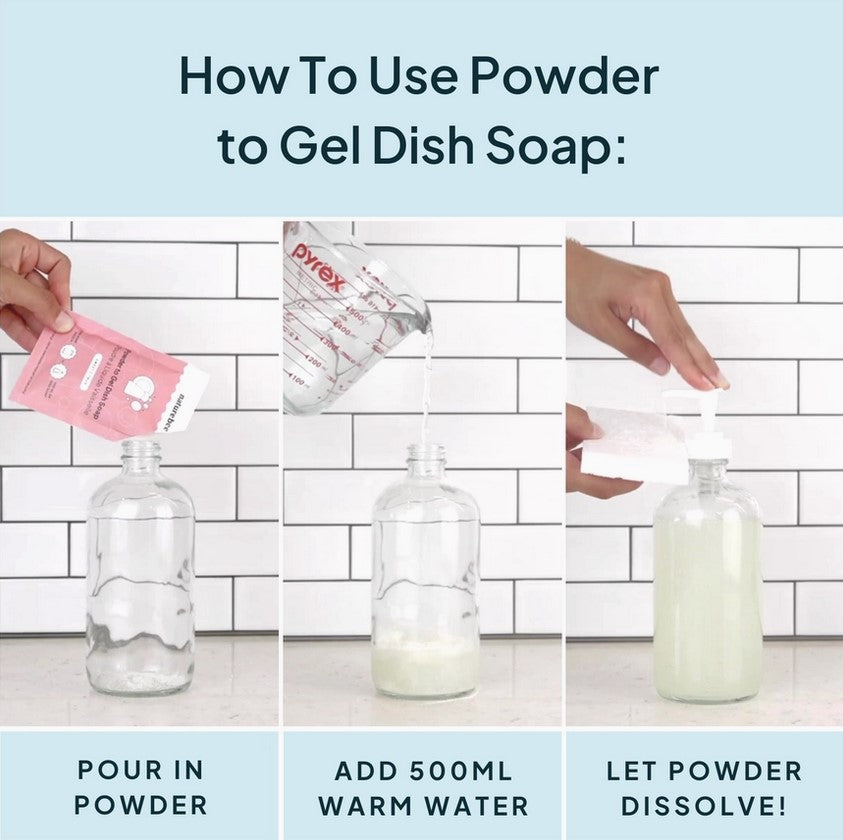How to use sweet citrus powder to gel dish soap - pour in powder, add 500 ml of warm water, let powder dissolve. 