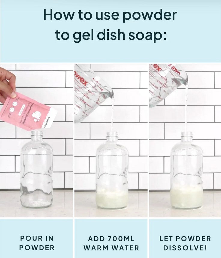 How to use eucalyptus mint powder to gel dish soap - pour in powder, add 500 ml of warm water, let powder dissolve. 