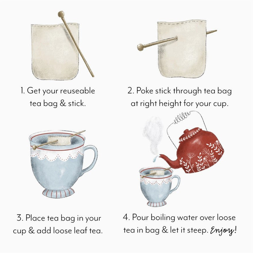 Step-by-step illustrated guide showing how to use a reusable organic cotton tea bag with wooden stick for loose leaf tea – eco-friendly brewing instructions.