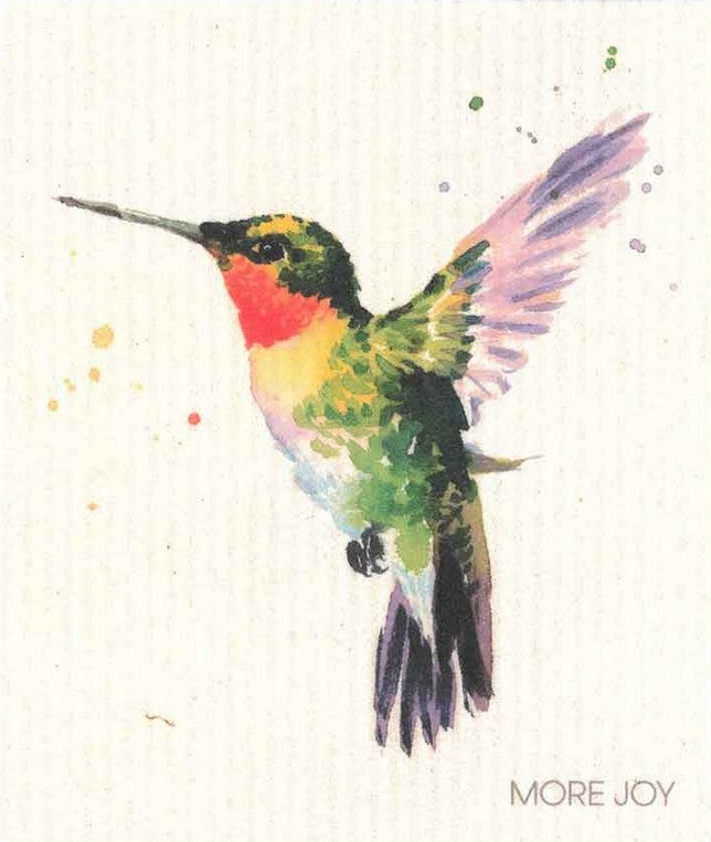 Compostable eco sponge cloth made of cellulose and cotton featuring a cheery and colorful artistic rendering of a hummingbird in flight against a white background replaces paper towel by absorbing 20x its weight in liquid. Size 20 x 17 cm