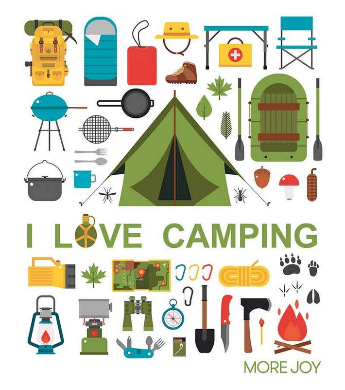 Compostable eco sponge cloth made of cellulose and cotton shows a variety of camping items on a white background with the words I Love Camping. It replaces paper towel by absorbing 20x its weight in liquid. Size 20 x 17 cm