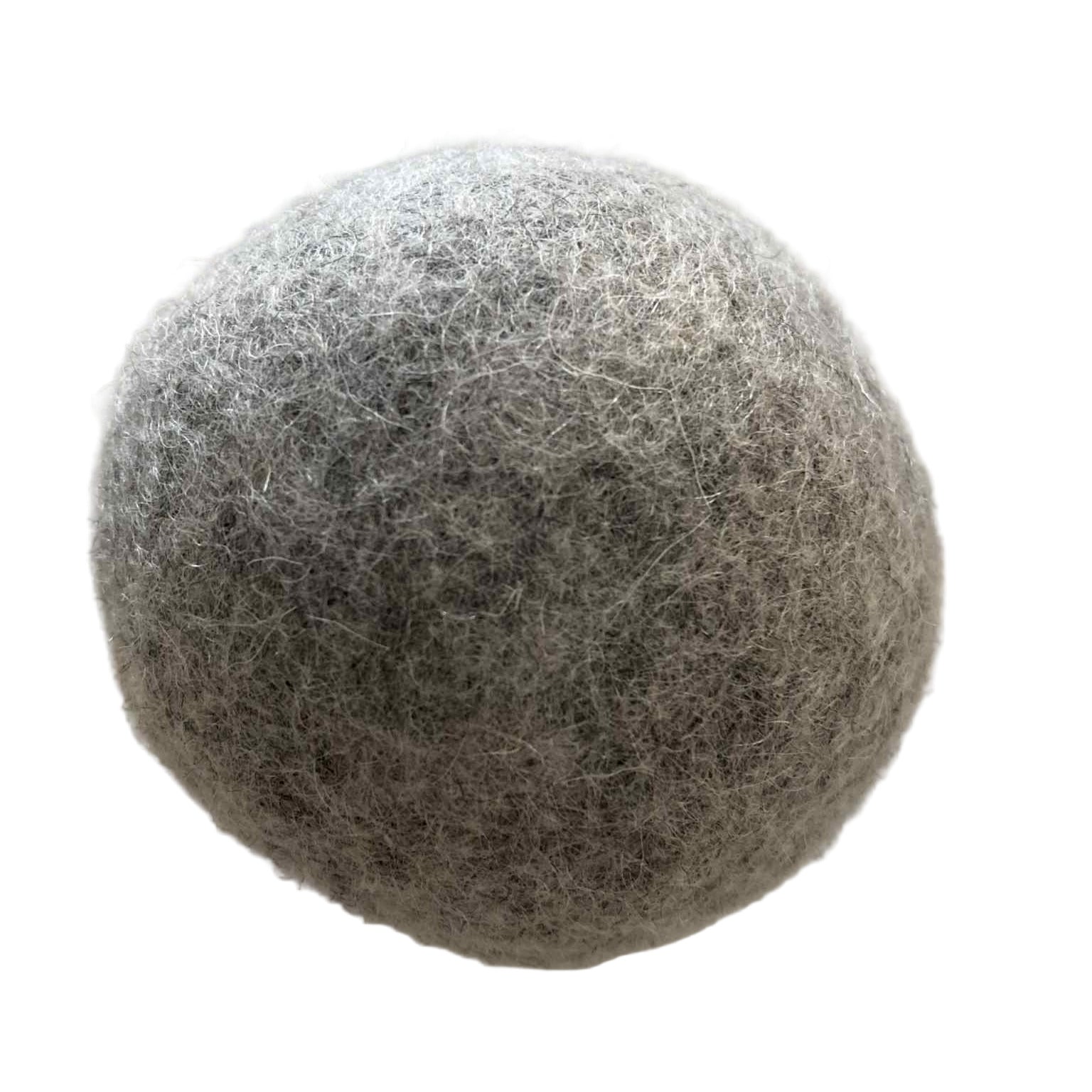 Close-up of single grey Earthly Change wool dryer ball – handmade 100% New Zealand wool