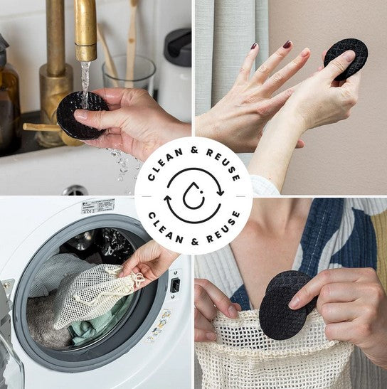 Black LastRound Pro reusuable makeup remover pads how to demonstration of four photos which includes wetting with water, using to remove nail polish, inserting in a laundry bag and putting in a washing machine to launder