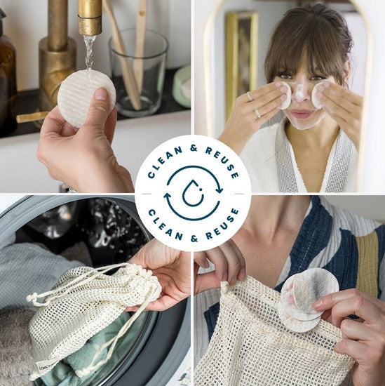 White LastRound regular reusuable makeup remover pads how to demonstration of four photos which includes wetting with water, using to remove makeup, inserting dirty pads in a laundry bag and putting in a washing machine 