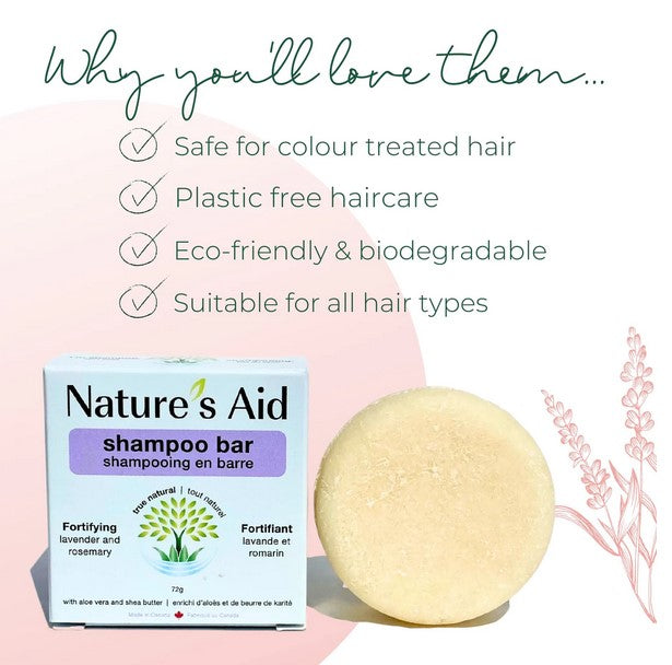 Nature's Aid Fortifying Shampoo Bar with lavender and rosemary – plastic-free, biodegradable, safe for colour-treated hair, Canadian-made eco-friendly hair care