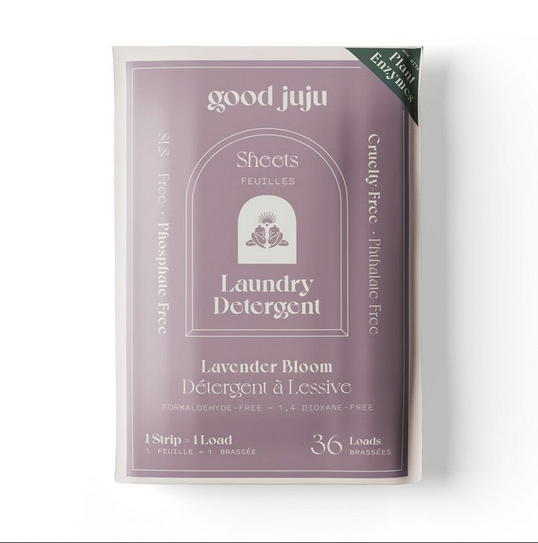 Canadian made Good Juju 36 load lavender bloom laundry detergent sheets in compostable packaging