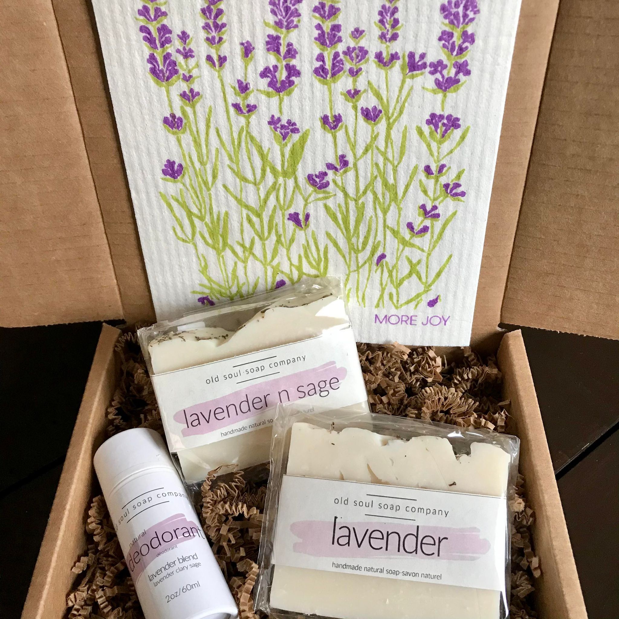 Included in this gift box is a lavender deodorant and two vegan soaps - lavender and lavender 'n sage from the Old Soul Soap Company along with a lavender themed More Joy Swedish cloth.