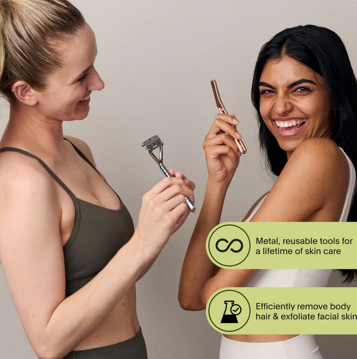 Two women holding a Leaf Razor and Dermaplaner – reusable metal tools for long-term shaving and skincare