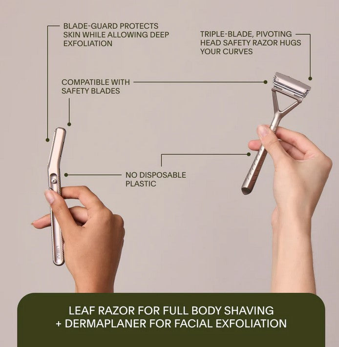 Diagram of Leaf Razor and Dermaplaner – reusable tools for body shaving and facial exfoliation with no plastic waste