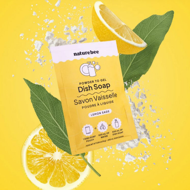 Nature Bee Lemon Sage Powder to Gel Dish Soap sustainable cleaning with fresh citrus and herbal sage scent